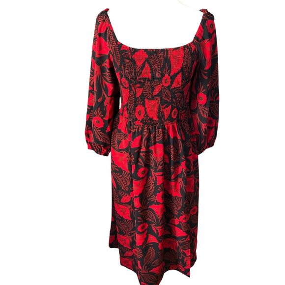 Latino Heritage‎ Month Red Floral  Puff Sleeve Smocked Slit Midi Dress Sz S NWT - Picture 1 of 16